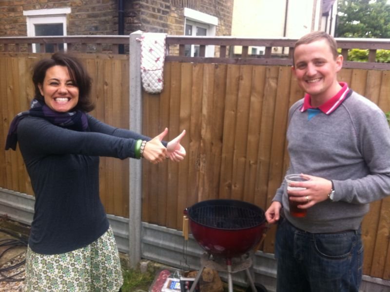George and Mariacristina barbecuing at home