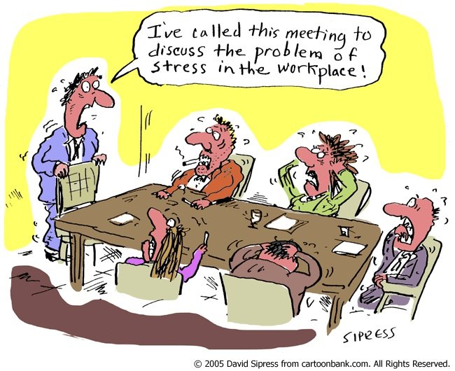 A cartoon meeting of stressed staff to discuss stress at work