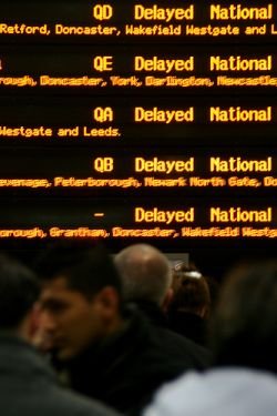 Electronic board showing trains all 'Delayed'
