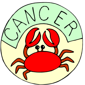 Crab cartoon with 'cancer' written above it