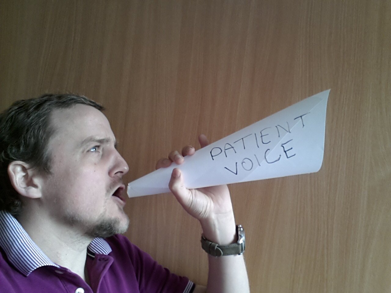 George shouting through 'Patient voice' loudspeaker (made of paper)