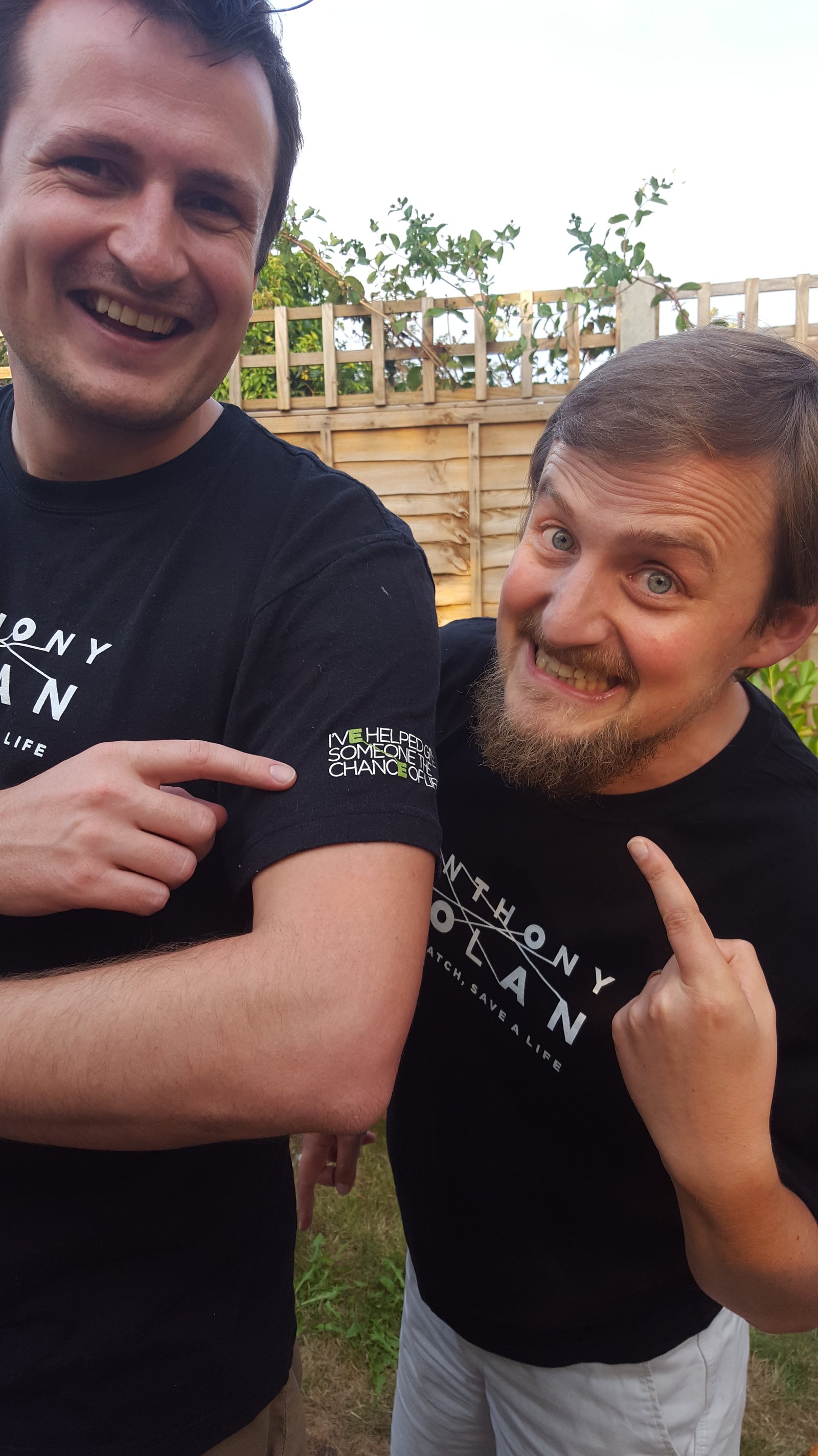 George and Tim in Anthony Nolan t-shirts (Be a match, save a life)