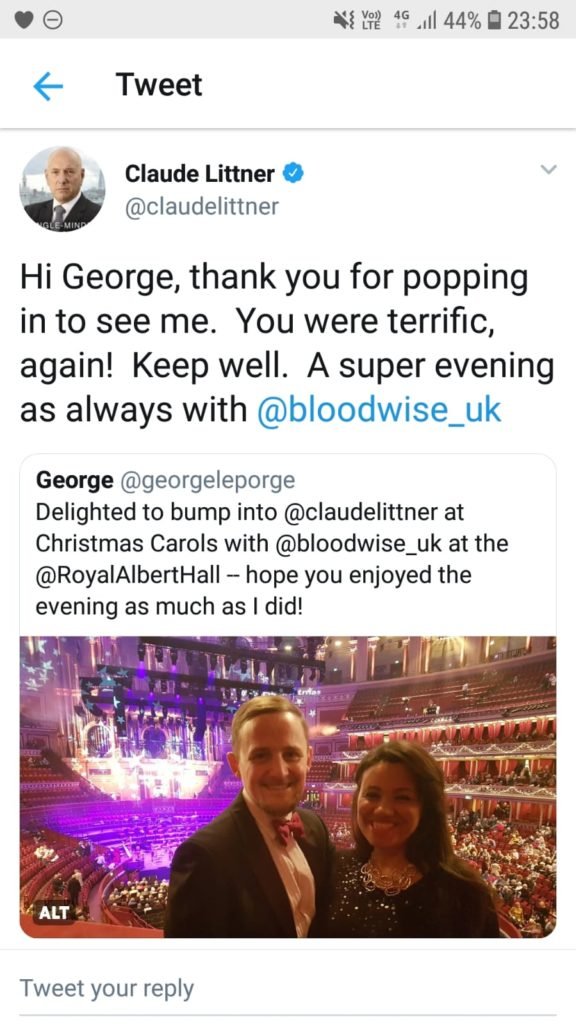 Tweet from Claude Littner to George: Hi George, thank you for popping in to see me. You were terrific, again! Keep well. A super evening as always with @bloodwise_uk
