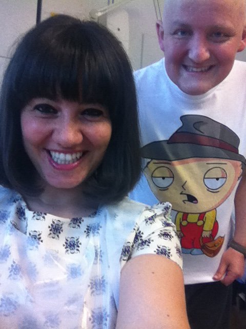 Mariacristina with new haircut and dress, George with Stewie t-shirt