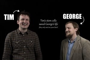 Tim and George in front of black background: "Tim's stem cells saved George's life (they only met two years later)